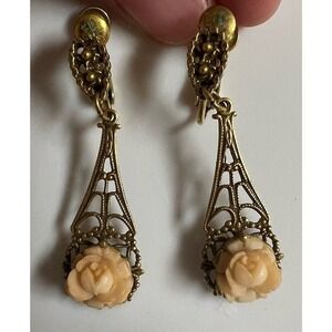 Vintage dangle earrings antique gold tone filigree & rose Lucite clip on earring